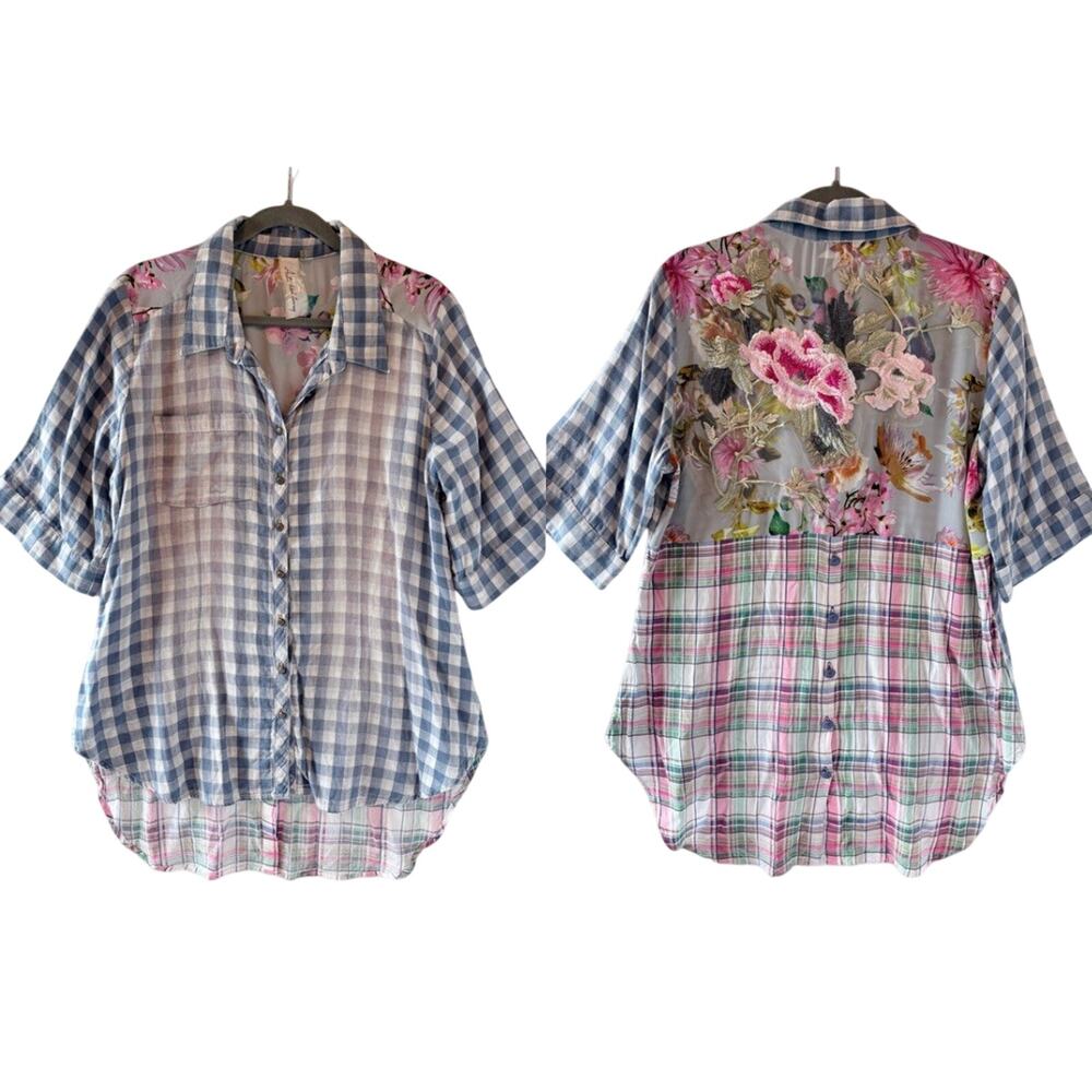 Aratta Blue Gingham Floral Tunic Boho Western Soft Surroundings Serena Art Sz L